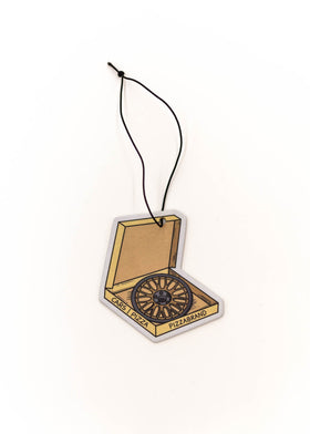 Car mirror air freshener of a pizza box with a BBS LM wheel inside.