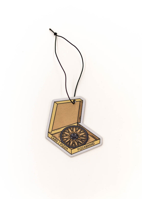 Car mirror air freshener of a pizza box with a BBS LM wheel inside.