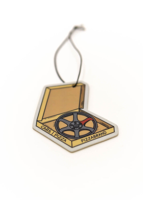 Car mirror air freshener of a pizza box with a Volk Racing TE37 wheel inside.