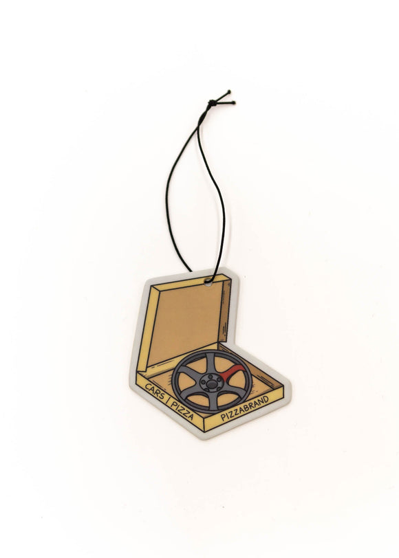 Car mirror air freshener of a pizza box with a Volk Racing TE37 wheel inside.