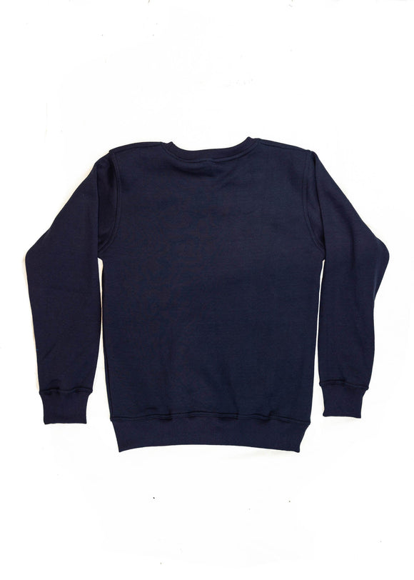 A navy blue Porsche race car crewneck sweater for men. Photo is the back of the sweater with an embroidered Martini R13 Porsche 911 Carrera RSR 2.1 Turbo . Fabric is 100% cotton and high quality and fits to size. The style is long sleeve, crew neck, and embroidery on left chest.