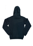 A dark grey Porsche racing unisex hoodie for men and women. Photo is the back of the sweater with an embroidered Martini R13 Porsche 911 Carrera RSR 2.1 Turbo. Fabric composition is cotton, polyester, and rayon. The material is very soft, stretchy, and non-transparent. The style of this hoodie is long sleeve, crewneck with a hood, hooded, with embroidery on the left chest.