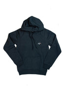 A dark grey Porsche racing unisex hoodie for men and women. Photo is a front view of the sweater with an embroidered Martini R13 Porsche 911 Carrera RSR 2.1 Turbo. Fabric composition is cotton, polyester, and rayon. The material is very soft, stretchy, and non-transparent. The style of this hoodie is long sleeve, crewneck with a hood, hooded, with embroidery on the left chest.