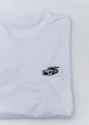 A white Porsche T-Shirt for men. Photo is a close up of the shirt with an embroidered Martini R13 Porsche 911 Carrera RSR 2.1 Turbo. Fabric composition is 100% polyester. The material is very stretchy, soft, comfortable, breathable, and non-transparent. The style of this shirt is short sleeve, with a crewneck neckline.