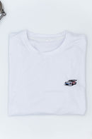 A white Porsche T-Shirt for men. Photo is the front of the shirt with an embroidered Martini R13 Porsche 911 Carrera RSR 2.1 Turbo. Fabric composition is 100% polyester. The material is very stretchy, soft, comfortable, breathable, and non-transparent. The style of this shirt is short sleeve, with a crewneck neckline.