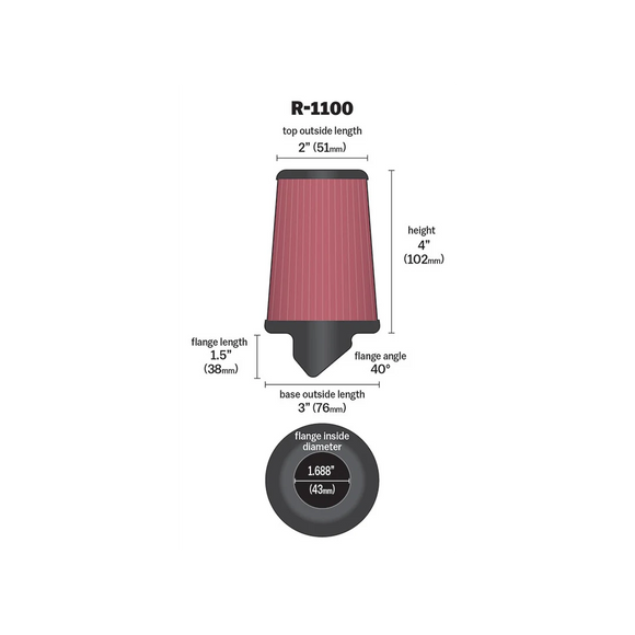 K&N Universal Rubber Filter Round Tapered 3in Base OD x 2in Top OD x 4in H - 73-78 Honda ATC90