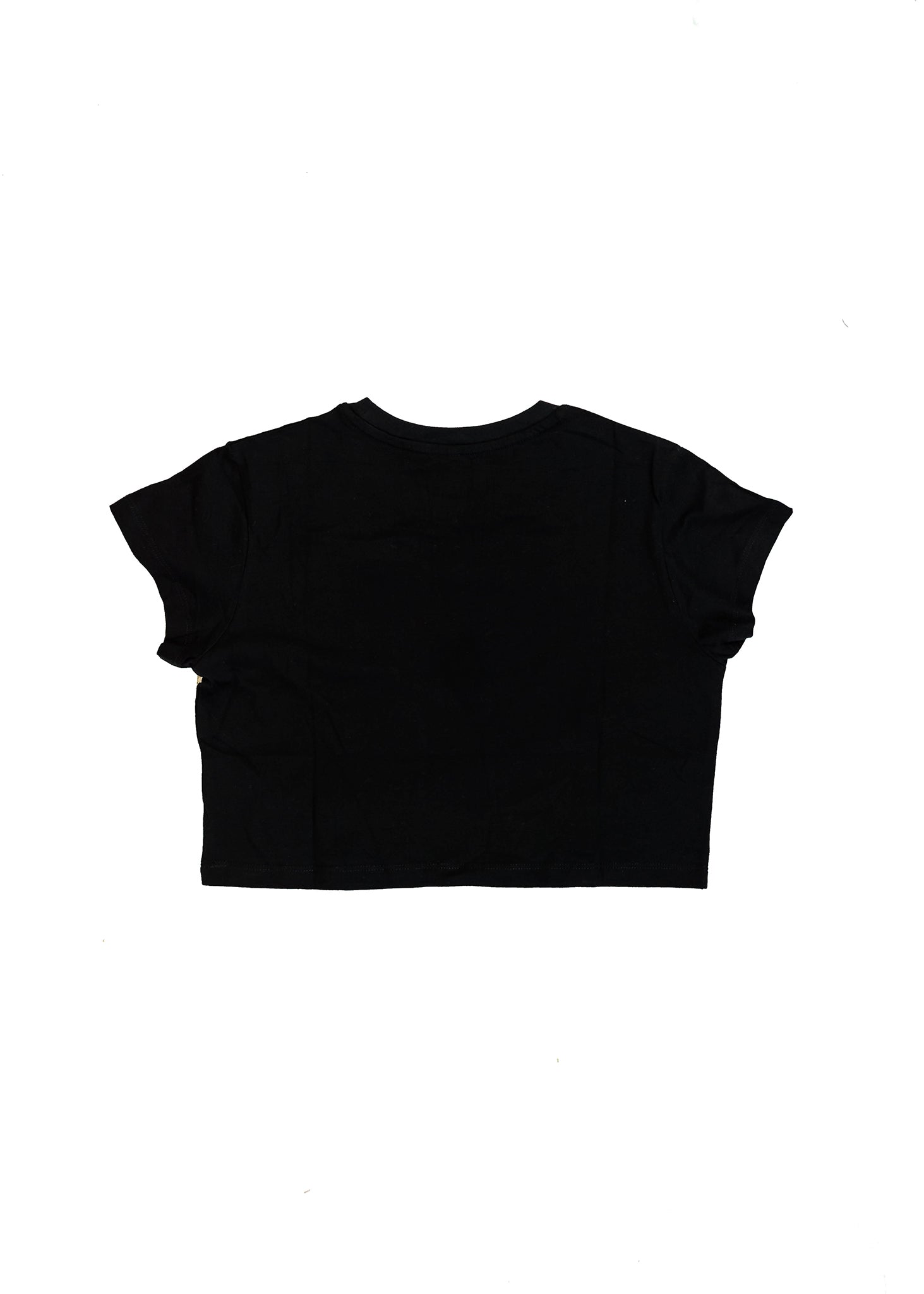 A black women's high quality cropped t-shirt. Full size view of the back side of a black cropped shirt with an embroidered R13 1974 911 RSR Turbo. Fabric composition of this tee is 100% cotton. The material is very soft, stretchy, and non-transparent. The style of this tshirt is a crewneck, short sleeve, cropped at the waist, with embroidery on the left chest.