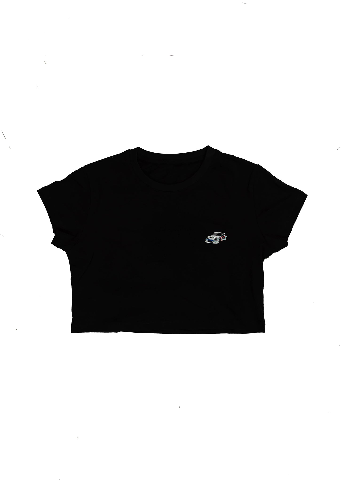 A black women's high quality cropped t-shirt. Full size front view of the black shirt with an embroidered R13 1974 911 RSR Turbo. Fabric composition of this tee is 100% cotton. The material is very soft, stretchy, and non-transparent. The style of this tshirt is a crewneck, short sleeve, cropped at the waist, with embroidery on the left chest.