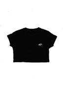 A black women's high quality cropped t-shirt. Full size front view of the black shirt with an embroidered R13 1974 911 RSR Turbo. Fabric composition of this tee is 100% cotton. The material is very soft, stretchy, and non-transparent. The style of this tshirt is a crewneck, short sleeve, cropped at the waist, with embroidery on the left chest.