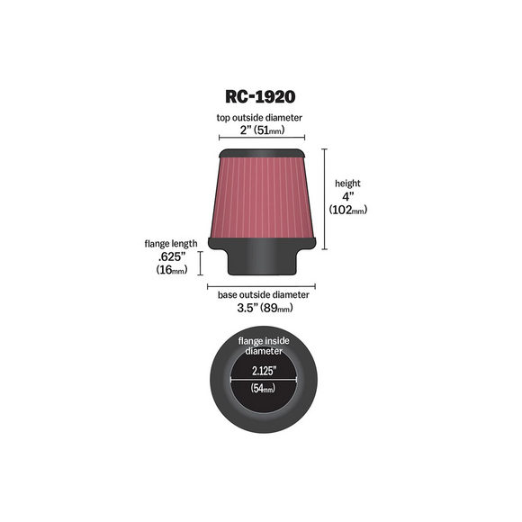K&N Universal Clamp-On Air Filter 2-1/8in Flange 3-1/2in Base 2in Top 4in Height