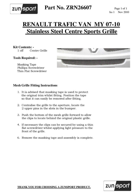 Zunsport Renault Trafic - Centre Grille - Silver finish