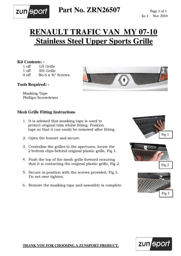 Zunsport Renault Trafic - Top Grille Set - Silver finish