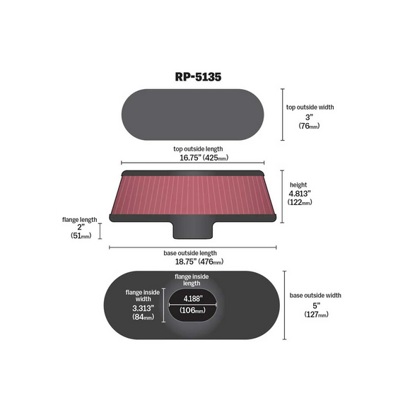 High-Flow Original Universal Air Filter - OVAL FLG; 4-3/16 X 3-5/16, 18-3/4 X 5B, 16-3/4 X 3T, 4-13/16H