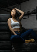 Model wearing pizzabrand RS2 Avant crop top
