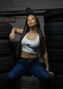 Model wearing pizzabrand RS2 Avant crop top