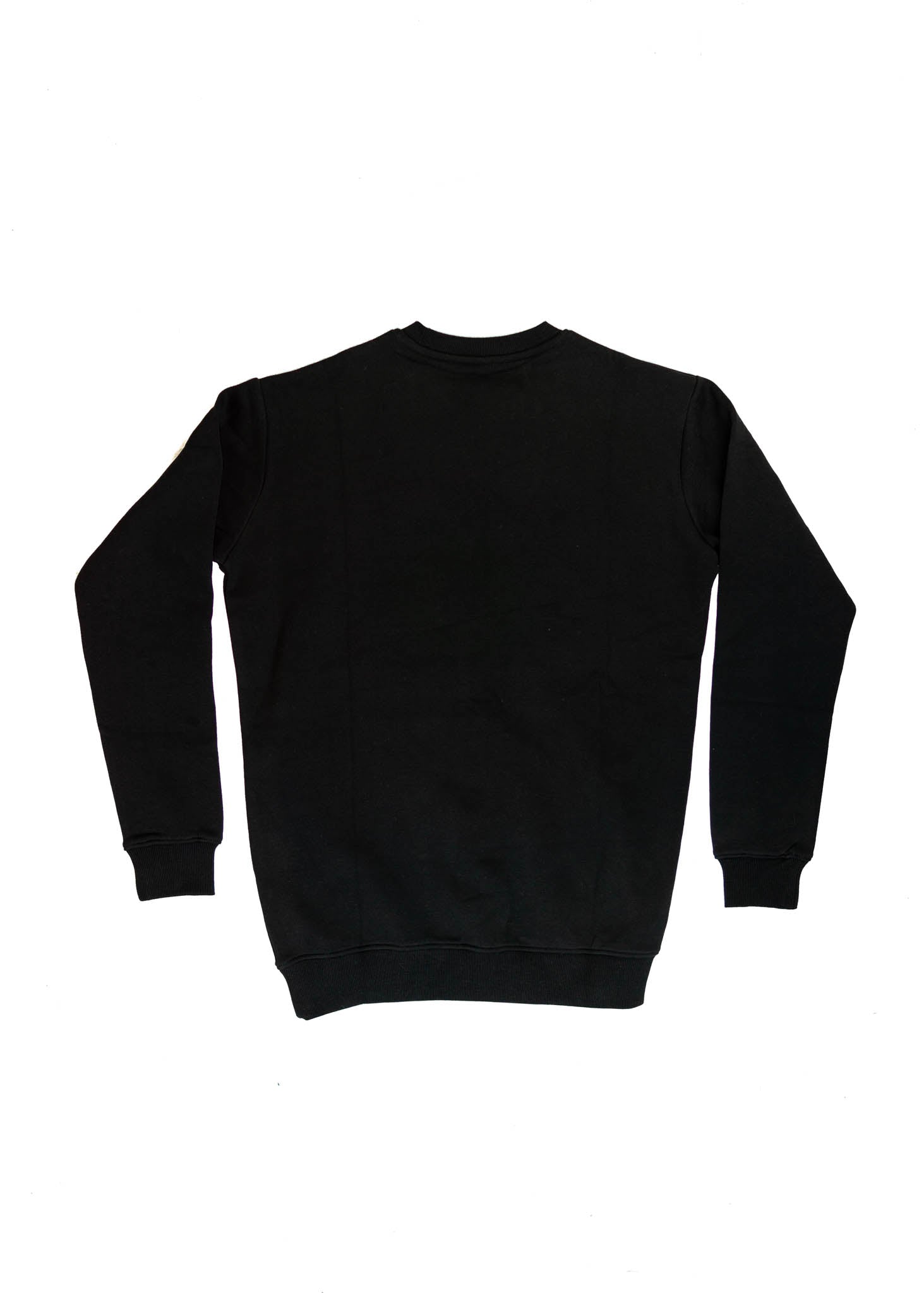 A black men's high quality crewneck sweater. Full size view of the back side of a black sweater with a nardo grey embroidered 8V RS3. Fabric composition of the shirt is cotton and polyester. The material is very soft, stretchy, and non-transparent. The style of this sweater is a crewneck, long sleeve, elastic bottom, with embroidery on the left chest.