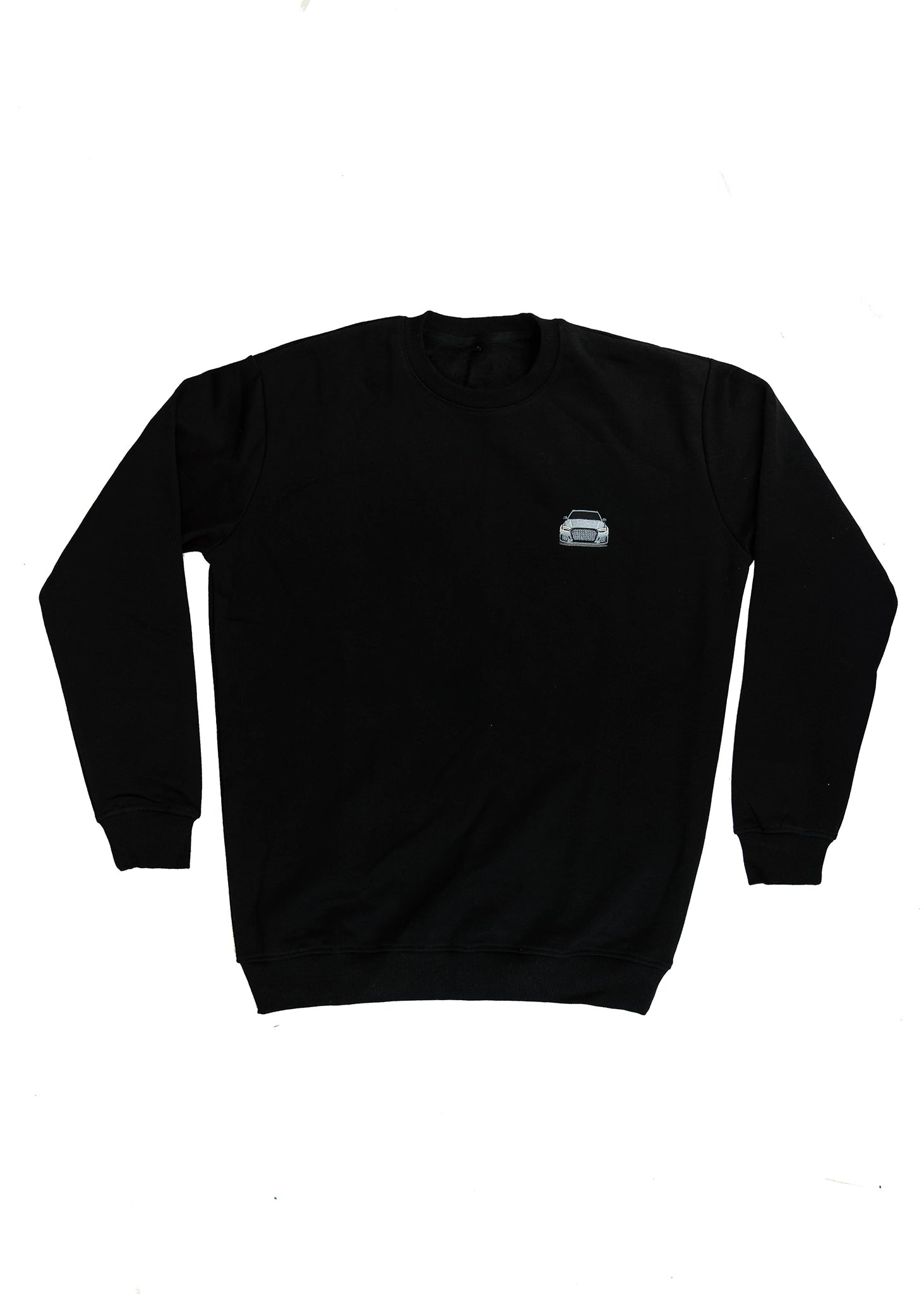 A black men's high quality crewneck sweater. Full size front view of the black sweater with a nardo grey embroidered 8V RS3. Fabric composition is a mix of cotton and polyester. The material is very soft, stretchy, and non-transparent. The style of this sweater is a crewneck, long sleeve, elastic bottom, with embroidery on the left chest.