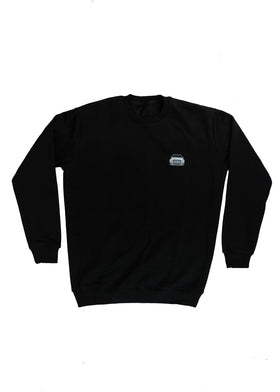 A black men's high quality crewneck sweater. Full size front view of the black sweater with a nardo grey embroidered 8V RS3. Fabric composition is a mix of cotton and polyester. The material is very soft, stretchy, and non-transparent. The style of this sweater is a crewneck, long sleeve, elastic bottom, with embroidery on the left chest.