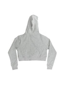 A women's light grey high quality cropped hoodie. Full size view of the back side of a grey cropped sweater with a nardo grey 8V RS3. Fabric composition of this cropped sweater is polyester and cotton. The material is very soft, stretchy, and non-transparent. The style of this crop hoodie is a crewneck, drawstring hoodie, hooded, long sleeve, cropped, with embroidery on the left chest.