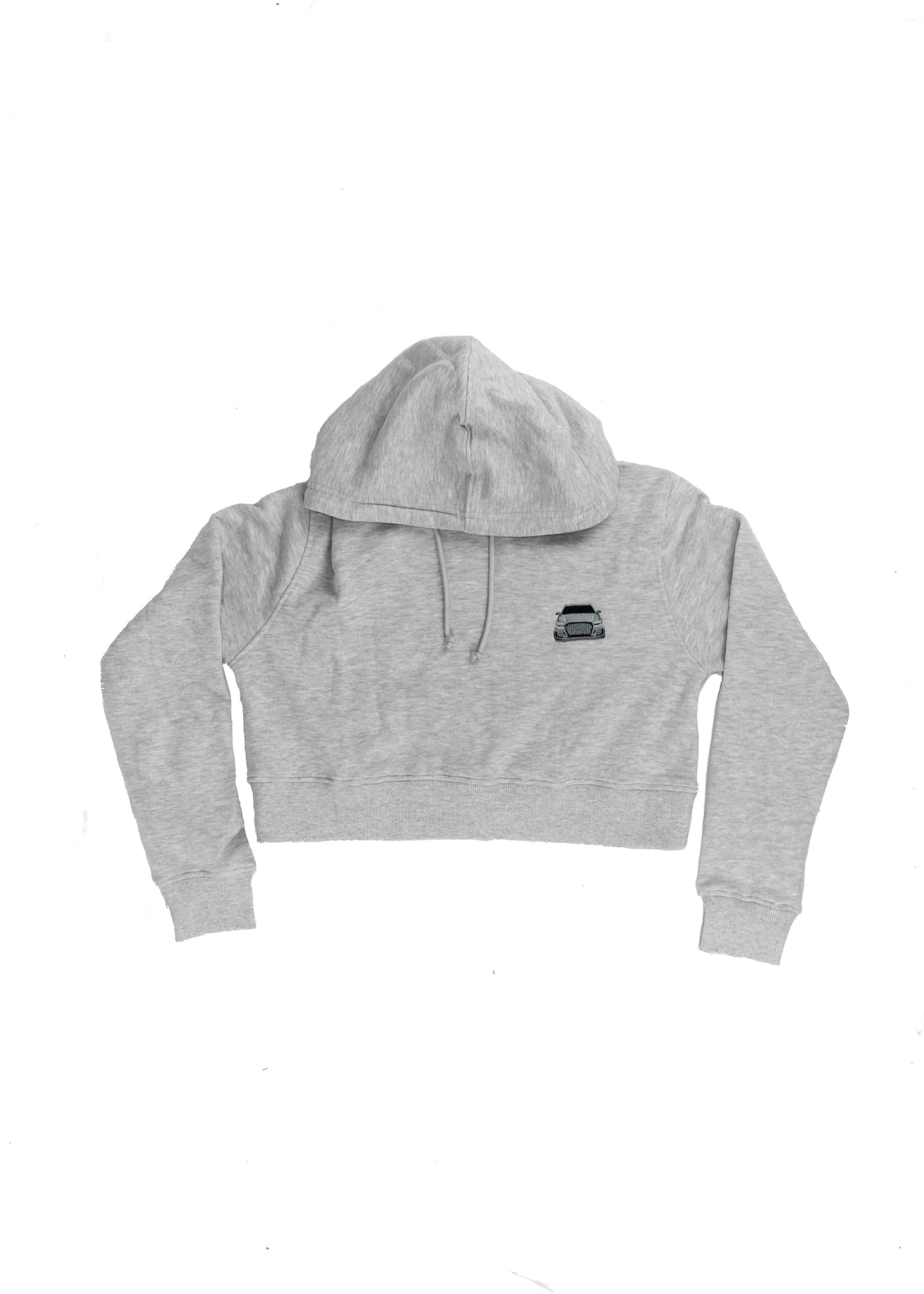 A light grey women's high quality cropped hoodie. Full size front view of the grey sweater with a nardo grey embroidered 8V RS3. Fabric composition of this cropped sweater is polyester and cotton. The material is very soft, stretchy, and non-transparent. The style of this crop hoodie is a crewneck, drawstring hoodie, hooded, long sleeve, cropped, with embroidery on the left chest.