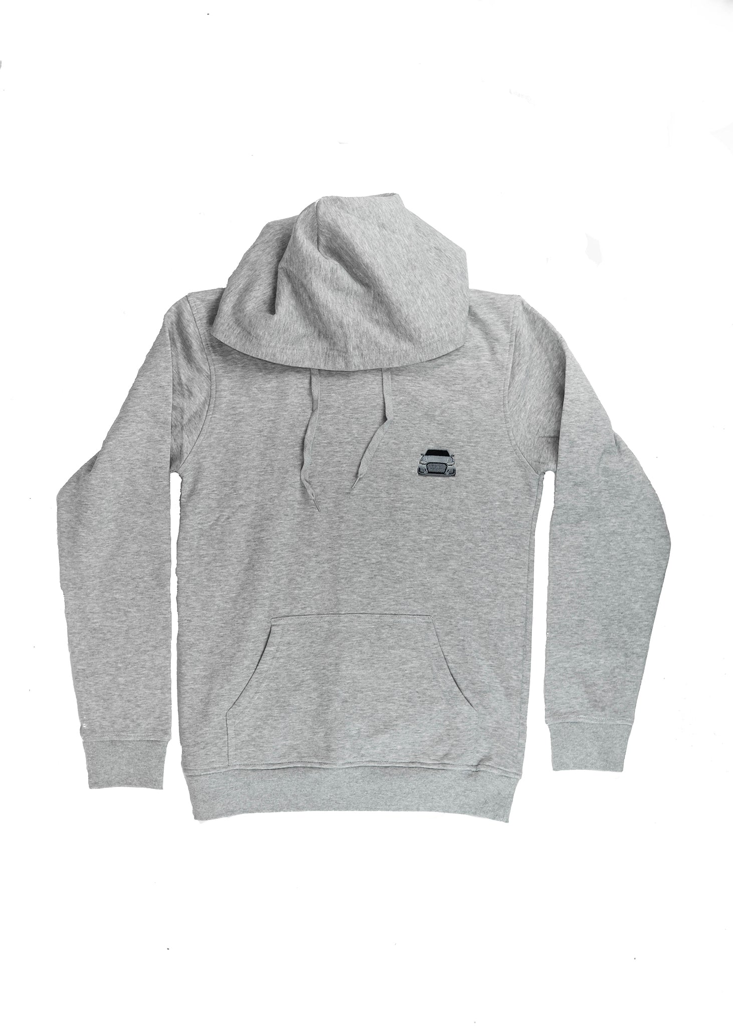 A light grey unisex hoodie for men and women. Full size front view of the gray sweater with an embroidered 8V RS3 on the left chest. Fabric composition is cotton, polyester, and rayon. The material is very soft, stretchy, and non-transparent. The style of this hoodie is long sleeve, crewneck with a hood, hooded, with embroidery on the left chest.