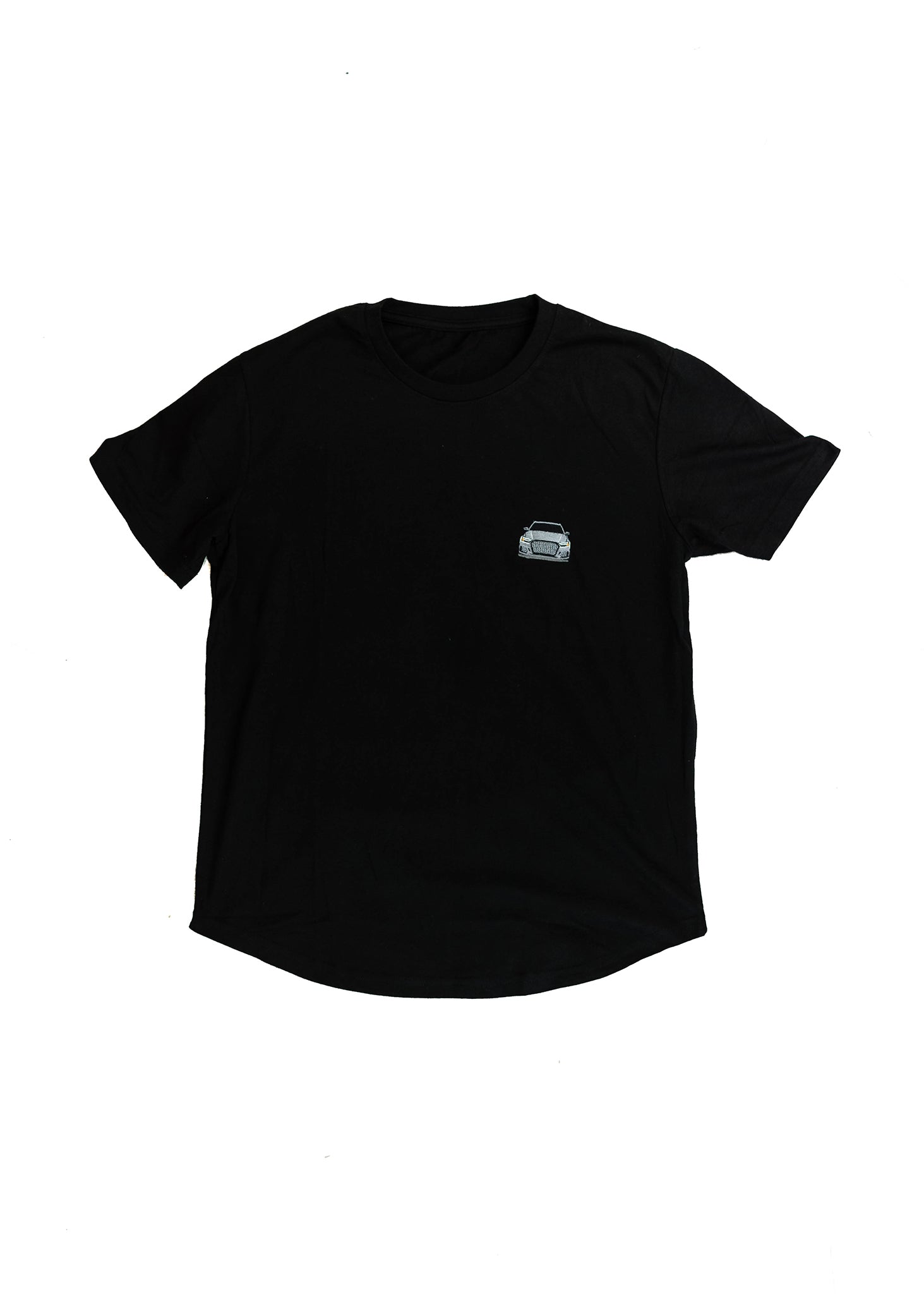 A black men's cotton t-shirt. Full size front view of the black shirt with a nardo grey embroidered 8V RS3. Fabric composition is a mix of polyester and cotton. The material is very soft, stretchy, and non-transparent. The style of this t-shirt is short sleeve, round bottom, crewneck, with embroidery on the left chest.