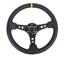 NRG Reinforced Steering Wheel (350mm / 3in. Deep) Blk Leather w/Blk Cutout Spoke/Yellow Center Mark-1