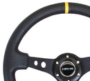 NRG Reinforced Steering Wheel (350mm / 3in. Deep) Blk Leather w/Blk Cutout Spoke/Yellow Center Mark-3