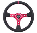 NRG Reinforced Steering Wheel (350mm/3in. Deep) Black Leather/ Fushia Center Mark/ Fushia Stitching-1