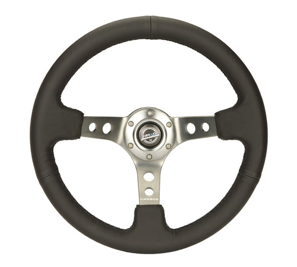NRG Reinforced Steering Wheel (350mm / 3in. Deep) Blk Leather w/Gunmetal Circle Cutout Spokes