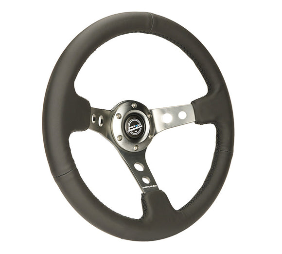 NRG Reinforced Steering Wheel (350mm / 3in. Deep) Blk Leather w/Gunmetal Circle Cutout Spokes