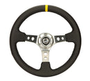 NRG Reinforced Steering Wheel (350mm / 3in. Deep) Blk Leather w/Gunmetal Cutout Spoke & Yellow CM-1