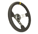 NRG Reinforced Steering Wheel (350mm / 3in. Deep) Blk Leather w/Gunmetal Cutout Spoke & Yellow CM-2