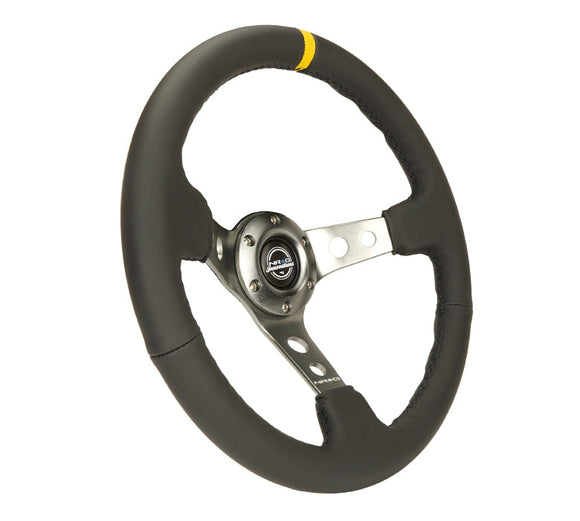 NRG Reinforced Steering Wheel (350mm / 3in. Deep) Blk Leather w/Gunmetal Cutout Spoke & Yellow CM