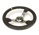 NRG Reinforced Steering Wheel (350mm / 3in. Deep) Blk Leather w/Gunmetal Cutout Spoke & Yellow CM-3