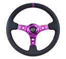 NRG Reinforced Steering Wheel (350mm / 3in. Deep) Black Leather w/Purple Center & Purple Stitching-1
