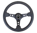 NRG Reinforced Steering Wheel (350mm / 3in. Deep) Blk Leather w/Blk Spoke & Circle Cutouts-1