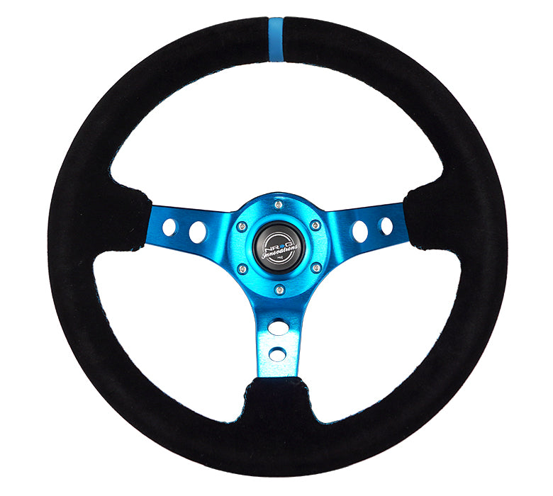 NRG Reinforced Steering Wheel (350mm) 3in Deep Blue Spoke W/ Holes - Black Suede Blue Stripe/Stitch