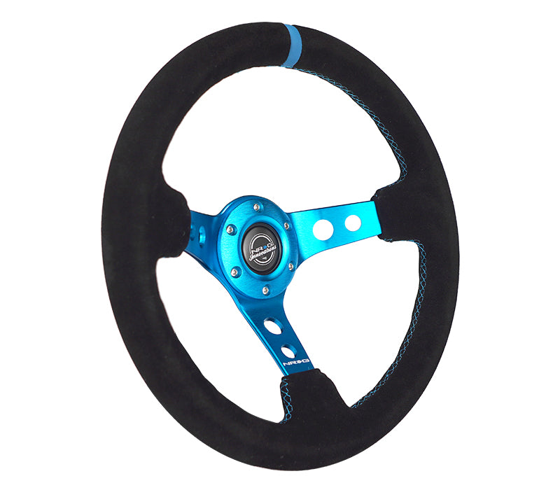 NRG Reinforced Steering Wheel (350mm) 3in Deep Blue Spoke W/ Holes - Black Suede Blue Stripe/Stitch