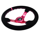 NRG Reinforced Steering Wheel (350mm/ 3in. Deep) Black Suede/ Fushia Center Mark/ Fushia Stitching-3
