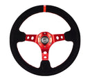 NRG Reinforced Steering Wheel (350mm / 3in. Deep) Blk Leather/Red Stitch w/Red Spoke-1