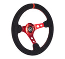 NRG Reinforced Steering Wheel (350mm / 3in. Deep) Blk Leather/Red Stitch w/Red Spoke-2