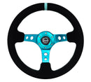 NRG Reinforced Steering Wheel (350mm/ 3in. Deep) Black Suede/ Teal Center Mark/ Teal Stitching-1