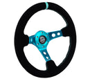 NRG Reinforced Steering Wheel (350mm/ 3in. Deep) Black Suede/ Teal Center Mark/ Teal Stitching-2