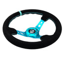 NRG Reinforced Steering Wheel (350mm/ 3in. Deep) Black Suede/ Teal Center Mark/ Teal Stitching-3
