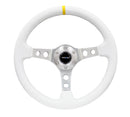 NRG Reinforced Steering Wheel (350mm / 3in. Deep) Wht Leather w/Silver Spoke & Single Yellow Mark-1