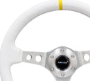 NRG Reinforced Steering Wheel (350mm / 3in. Deep) Wht Leather w/Silver Spoke & Single Yellow Mark-2