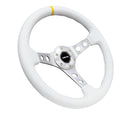 NRG Reinforced Steering Wheel (350mm / 3in. Deep) Wht Leather w/Silver Spoke & Single Yellow Mark-3
