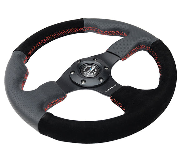 NRG Reinforced Steering Wheel (320mm/ 2.5in. Deep) Sport Leather / Suede w/ Red Stitch