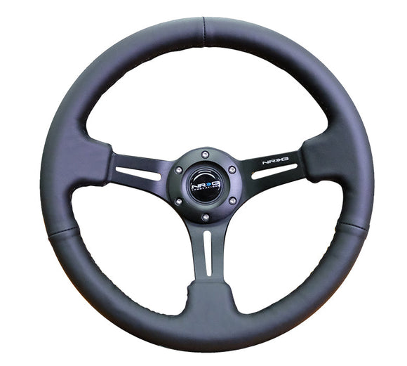 NRG Reinforced Steering Wheel (350mm / 3in. Deep) Black Leather w/ Black Stitching